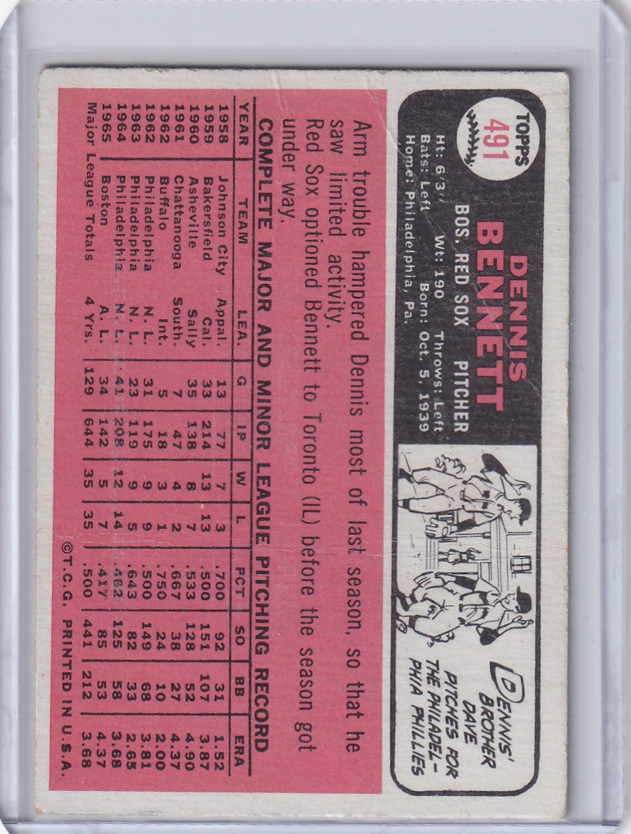 1966 Topps Baseball card of Dennis Bennett featuring Boston Red Sox player stats and illustration