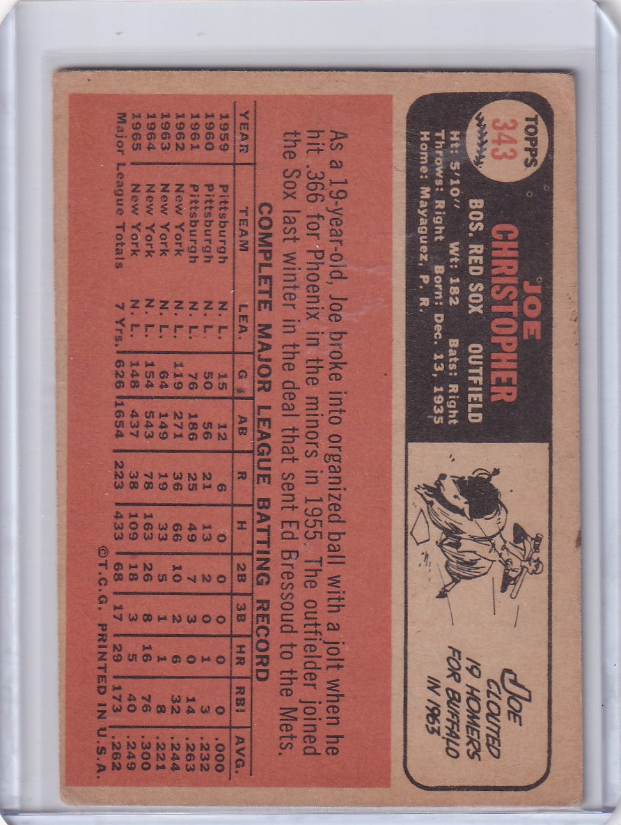 Vintage 1966 Topps Baseball #343 Joe Christopher card with Boston Red Sox stats