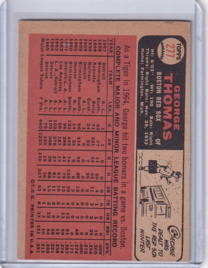 1966 Topps Baseball card of George Thomas featuring Boston Red Sox player stats