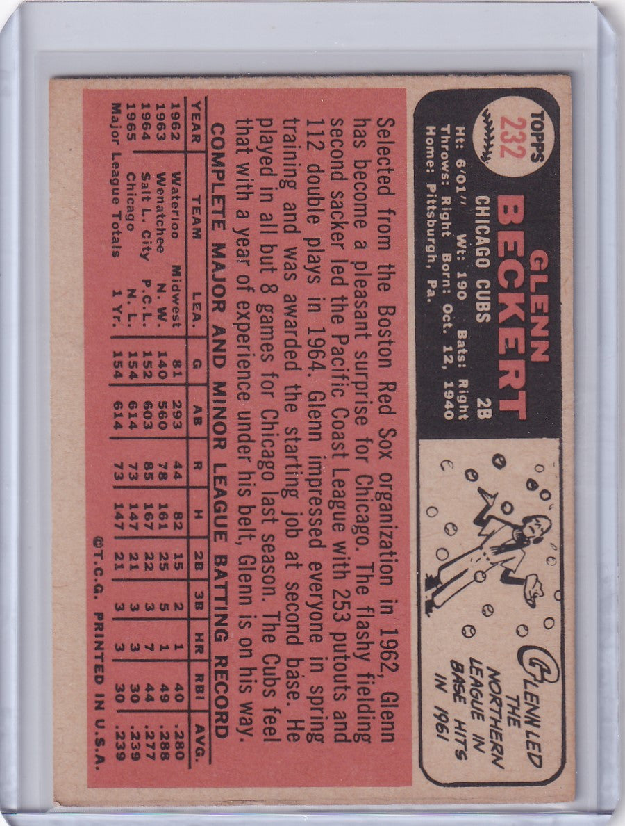 1966 Topps Baseball #232 Glenn Beckert card with statistics on pink background