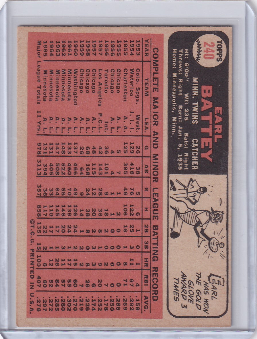 Vintage Topps Baseball card featuring Earl Battey of the Minnesota Twins with player stats