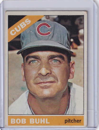 1966 Topps Baseball card of Bob Buhl, Chicago Cubs pitcher in team cap