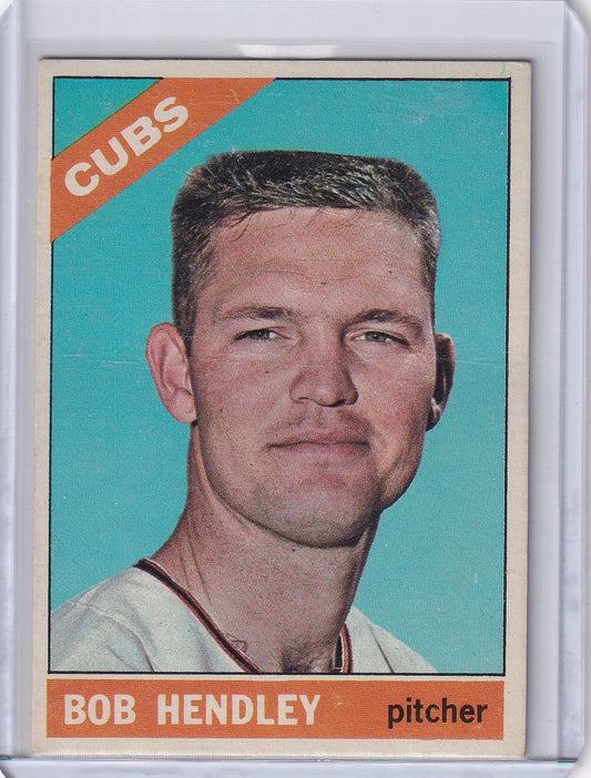 Baseball card of Bob Hendley, Chicago Cubs pitcher from 1966 Topps Baseball series