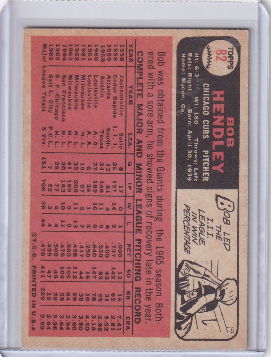 Vintage Topps Baseball card of Bob Hendley featuring Chicago Cubs stats on pink background