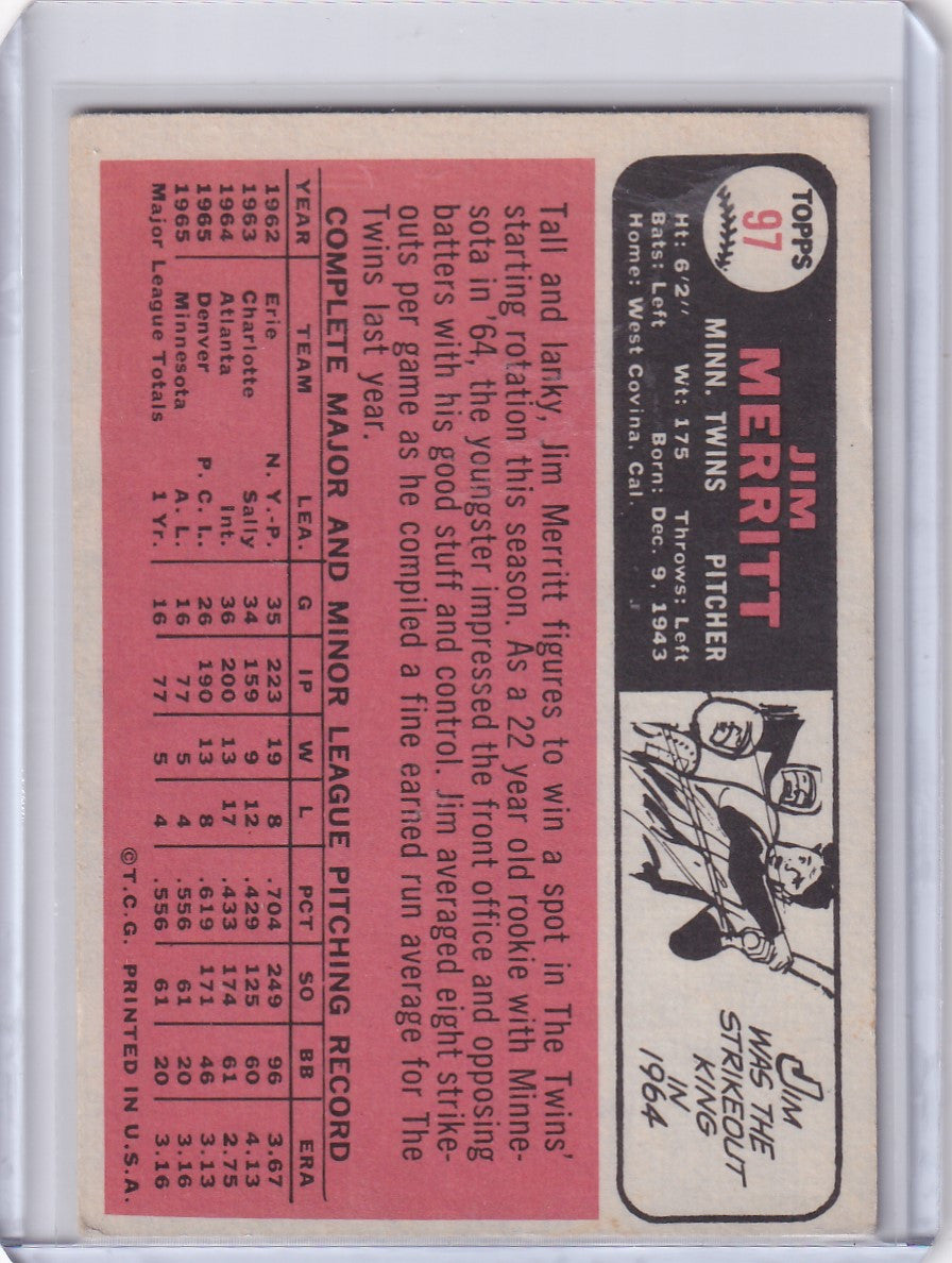 Vintage Topps Baseball card of Jim Merritt with Minnesota Twins player stats and illustration