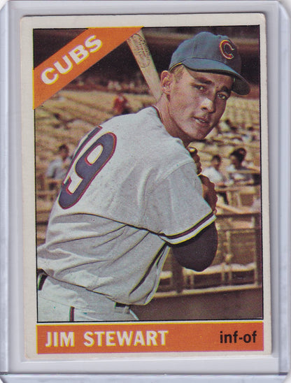 1966 Topps Baseball card featuring Jimmy Stewart in Chicago Cubs white uniform number 9