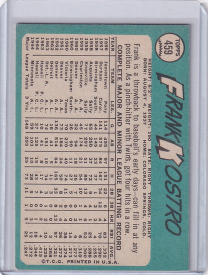 1965 Topps Baseball card of Frank Kostro with statistics on teal background