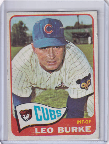 1965 Topps Baseball card of Leo Burke in Chicago Cubs pinstriped uniform and blue cap