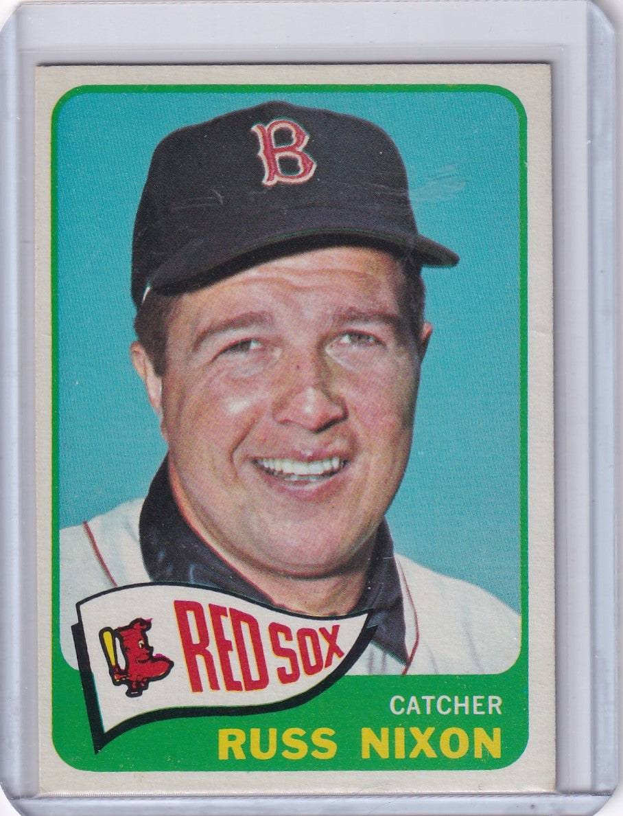 Baseball card of Russ Nixon in a Boston Red Sox uniform from Topps Baseball 1965