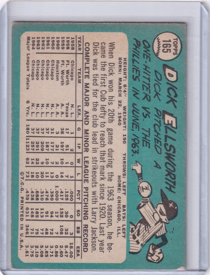 Vintage 1965 Topps Baseball card of Dick Ellsworth with Chicago Cubs pitcher illustration