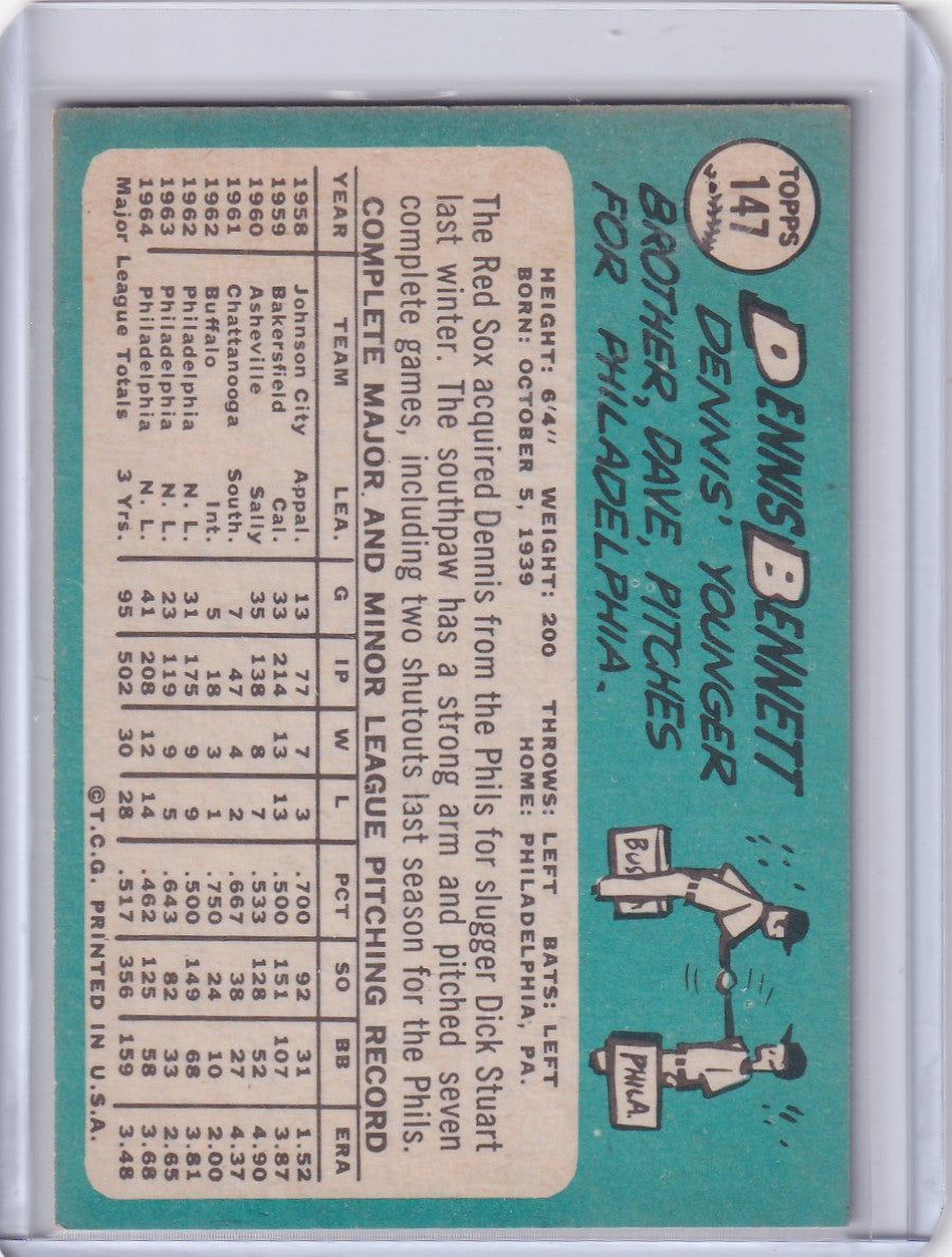 1965 Topps Baseball #147 Dennis Bennett card with player stats on teal background