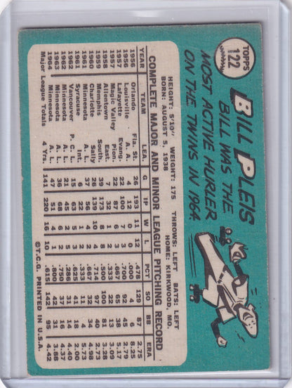 Baseball card showcasing 1965 Topps Baseball #122 Pleis - Minnesota Twins statistics