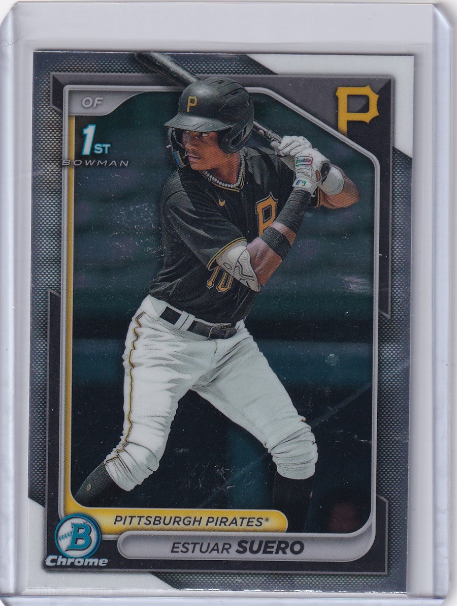 Baseball trading card of Estuar Suero in batting stance for Pittsburgh Pirates Bowman Baseball