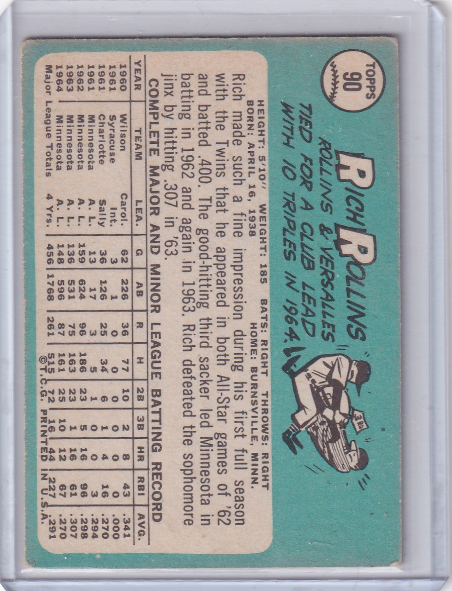 1965 Topps Baseball #90 Rich Rollins card with player stats and batter illustration