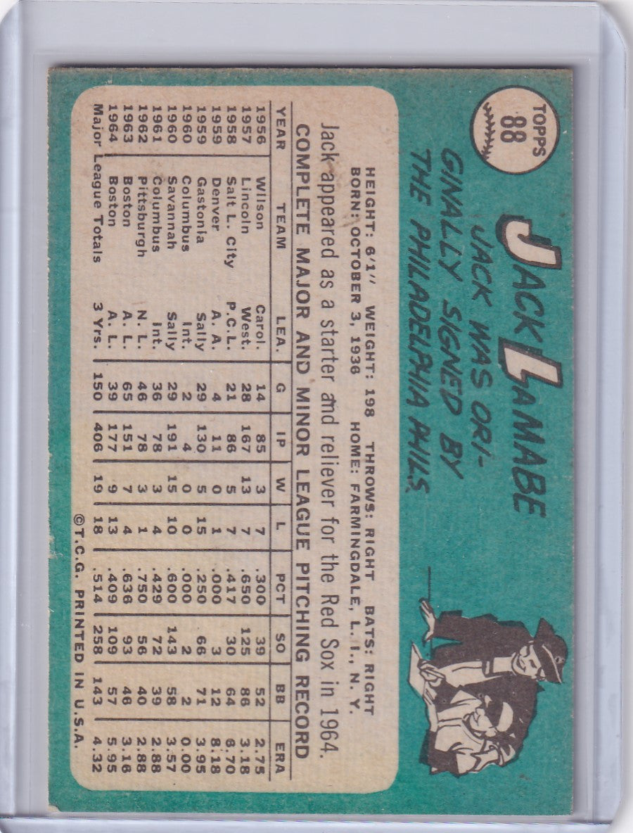 Vintage 1965 Topps Baseball card of Jack Lamabe from the Boston Red Sox with stats