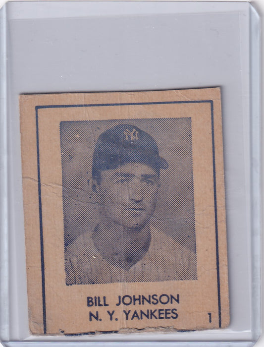 Vintage 1948 R346 Blue Tint baseball card of Bill Johnson, New York Yankees player