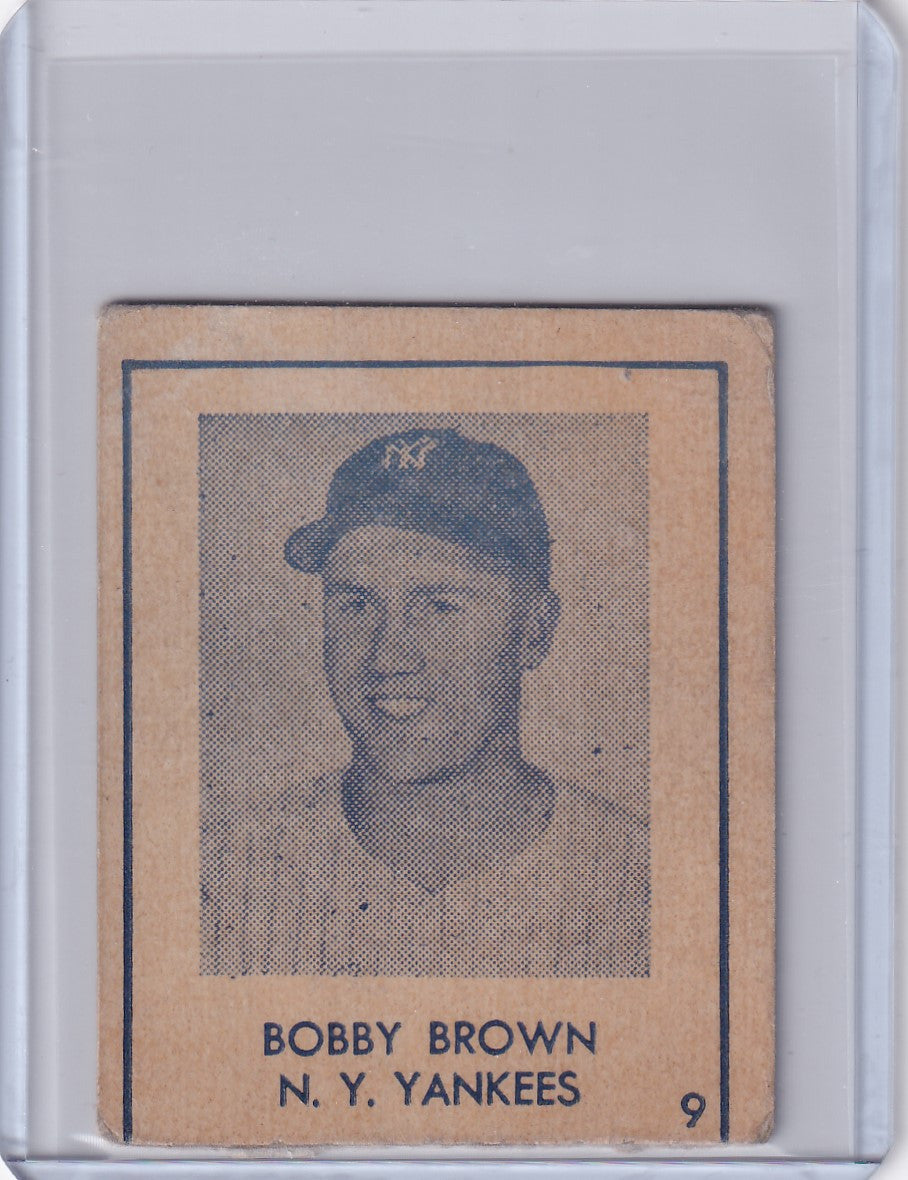 Vintage R346 Blue Tint baseball card of smiling New York Yankees player Bobby Brown