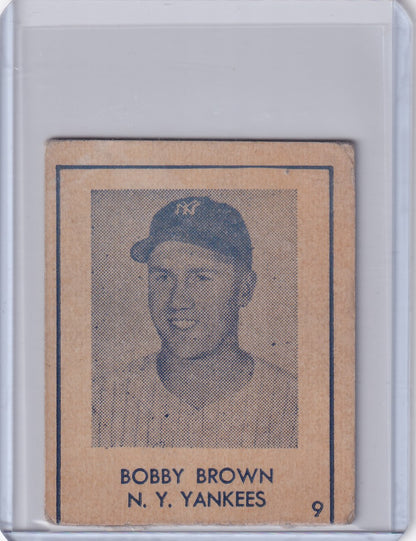 Vintage R346 Blue Tint baseball card of smiling New York Yankees player Bobby Brown