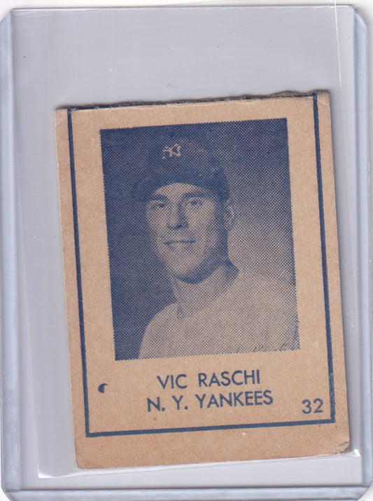 Vintage 1948 R346 Blue Tint #32 Vic Raschi New York Yankees baseball card display