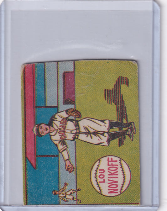 Vintage baseball card of Lou Novikoff, Chicago Cubs player in white uniform with bat