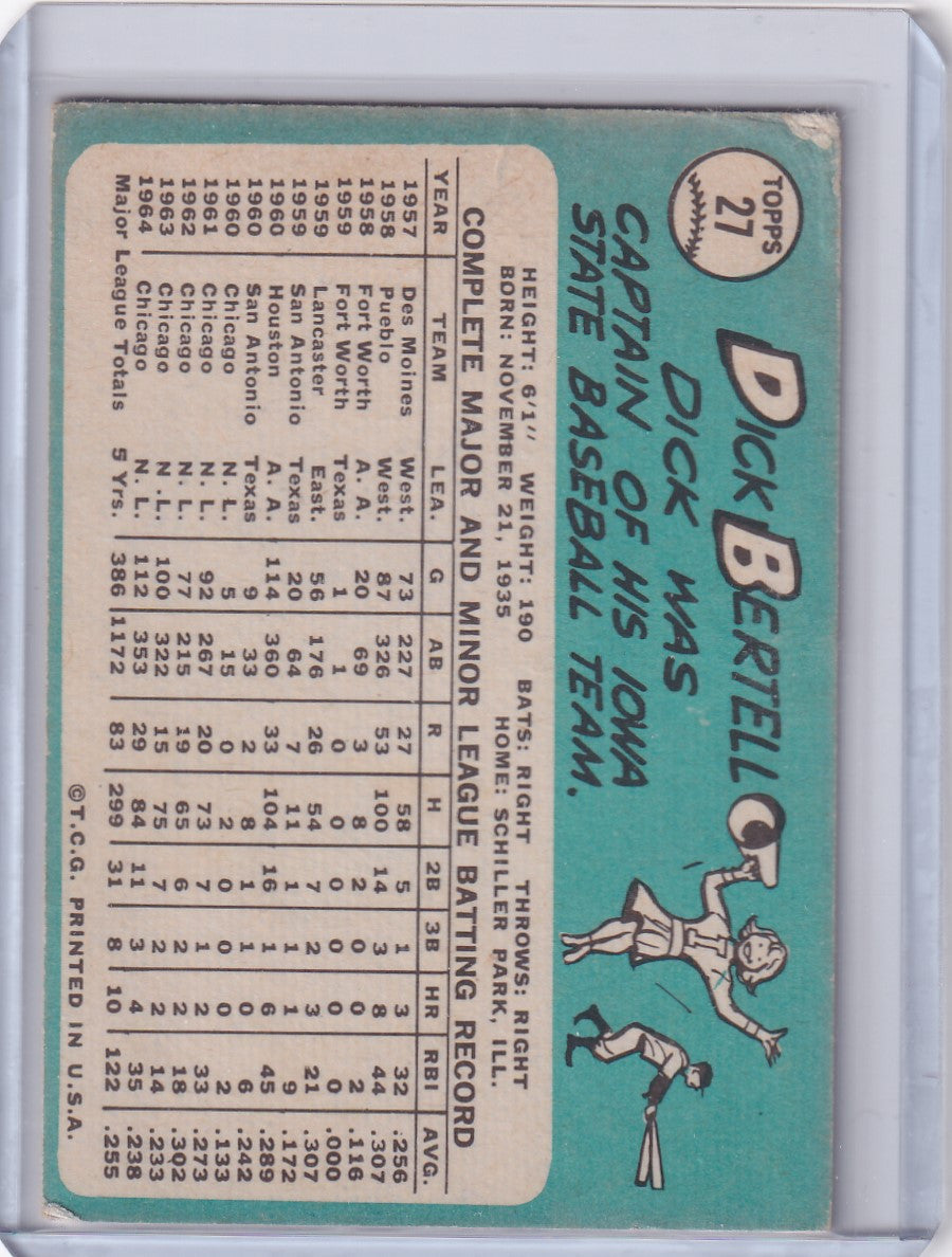 Topps Baseball card of Dick Bertell, Chicago Cubs, with player stats and pitcher illustration