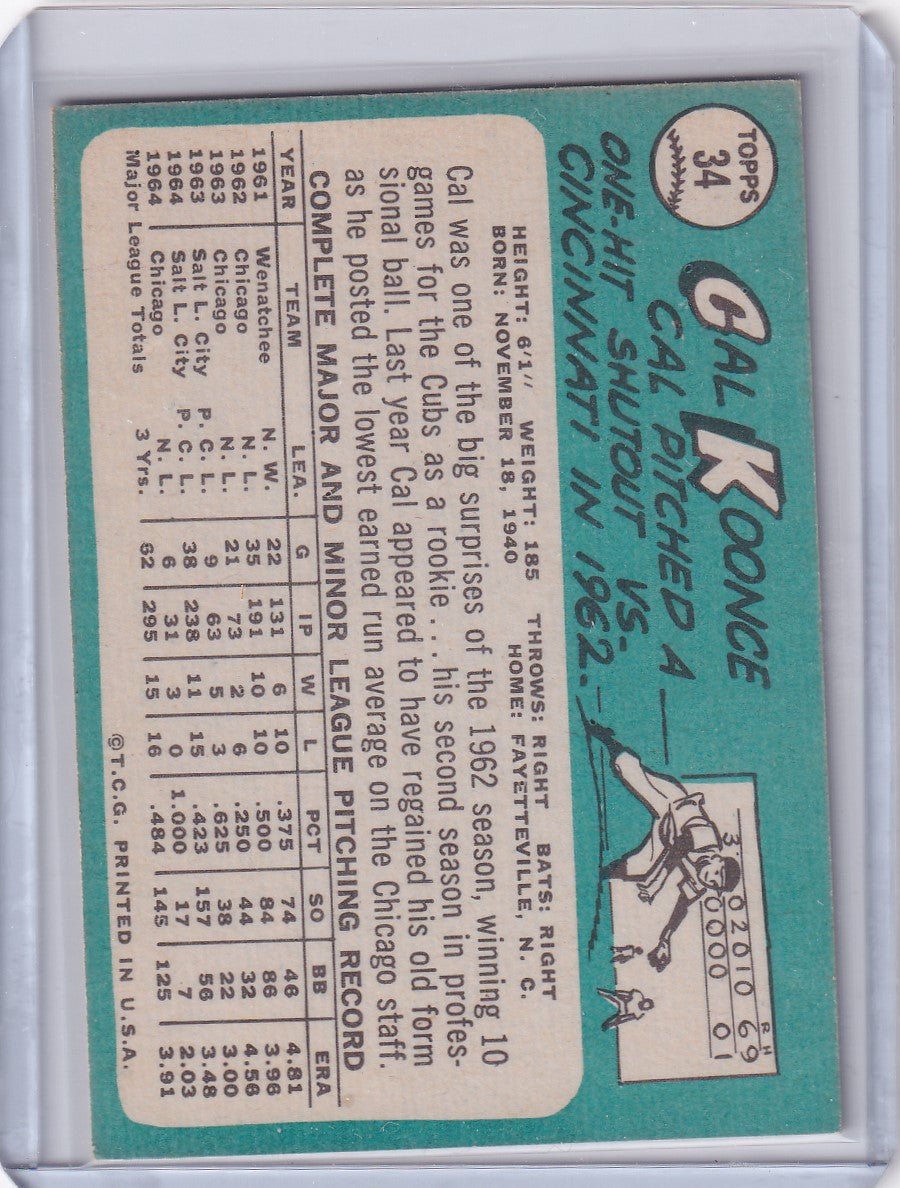 Baseball card of Cal Koonce, Chicago Cubs, from 1965 Topps Baseball with player stats