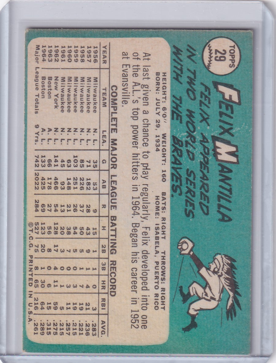 1965 Topps Baseball card of Felix Mantilla with stats and pitcher illustration, Boston Red Sox