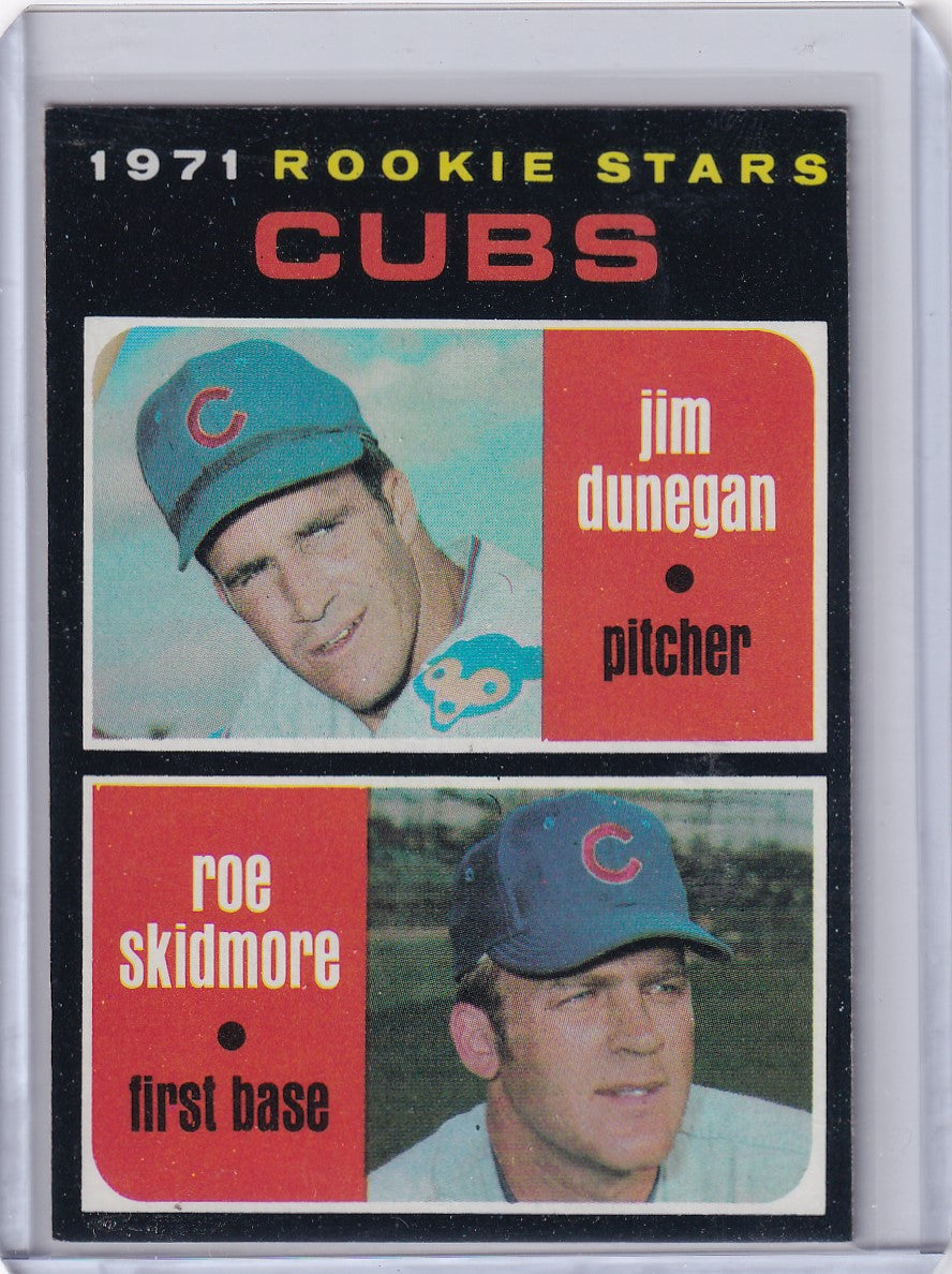 1971 Topps Baseball card featuring Cubs rookies Jim Dunegan and Roe Skidmore