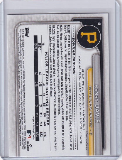 Baseball card back of 2024 Bowman Baseball Henry Davis for Pittsburgh Pirates