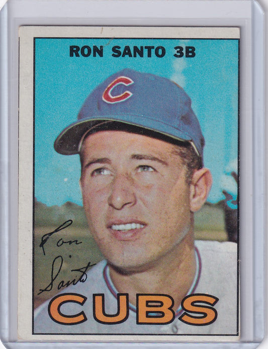 Vintage 1967 Topps Baseball card of Ron Santo, Chicago Cubs player in blue cap