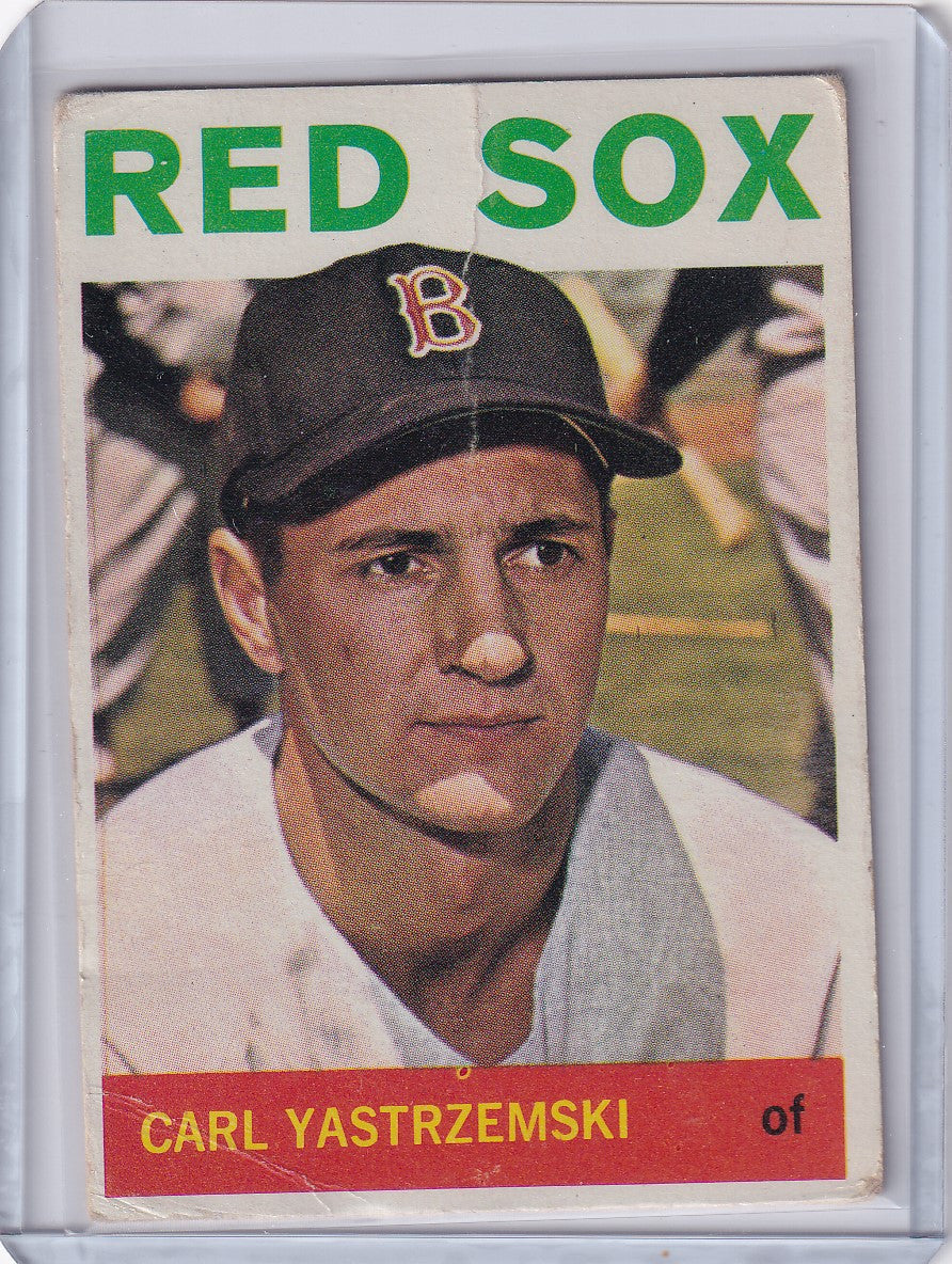 Vintage 1964 Topps Baseball card of Carl Yastrzemski wearing Boston Red Sox uniform