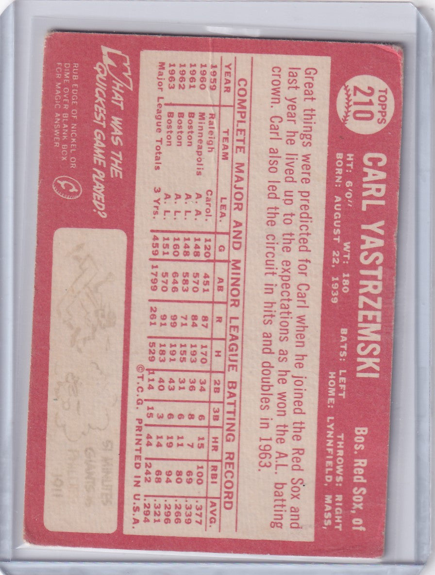 Red Topps Baseball card featuring player Carl Yastrzemski of the Boston Red Sox