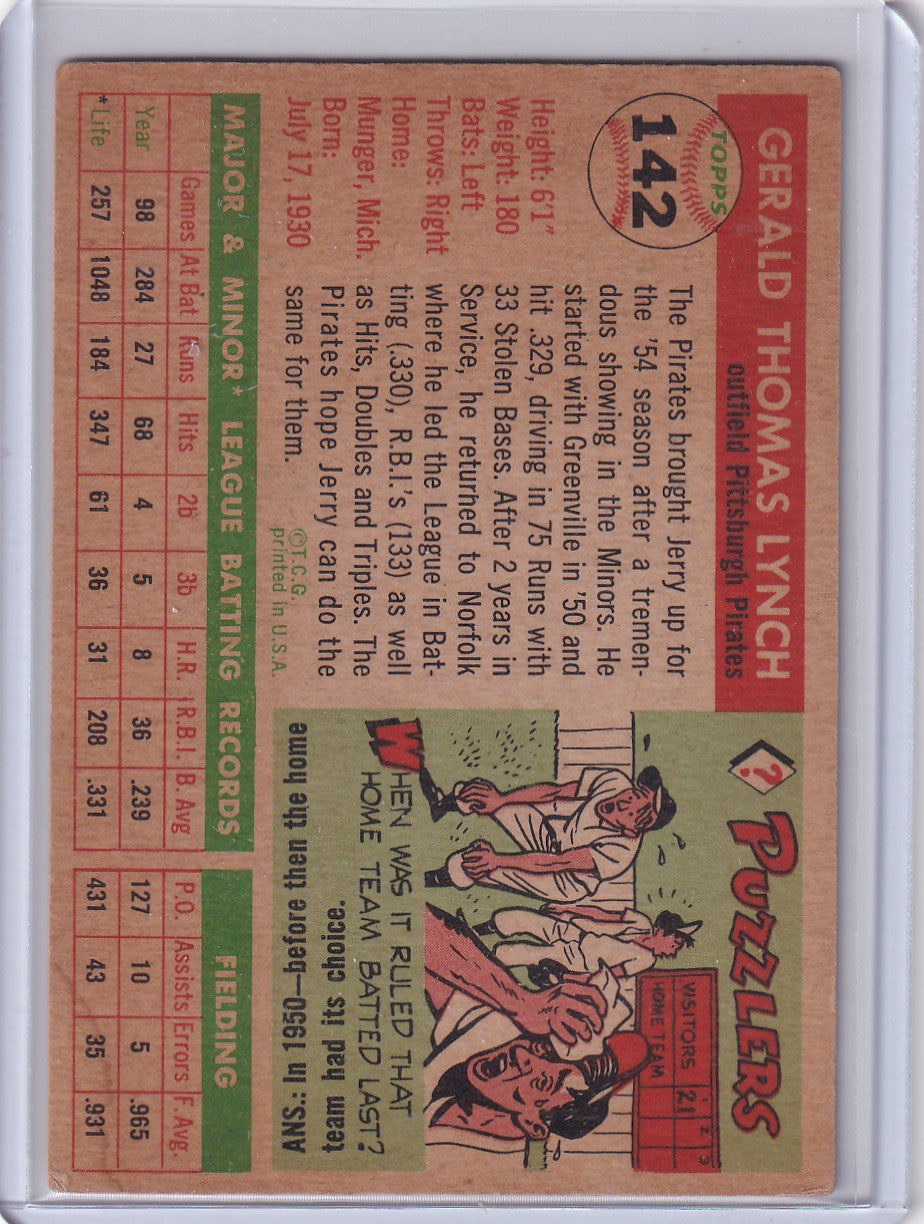 Vintage 1955 Topps Jerry Lynch - Pittsburgh Pirates card with stats and cartoon back