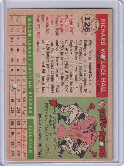 Vintage baseball card of Dick Hall, Pittsburgh Pirates player, cartoon play at home plate