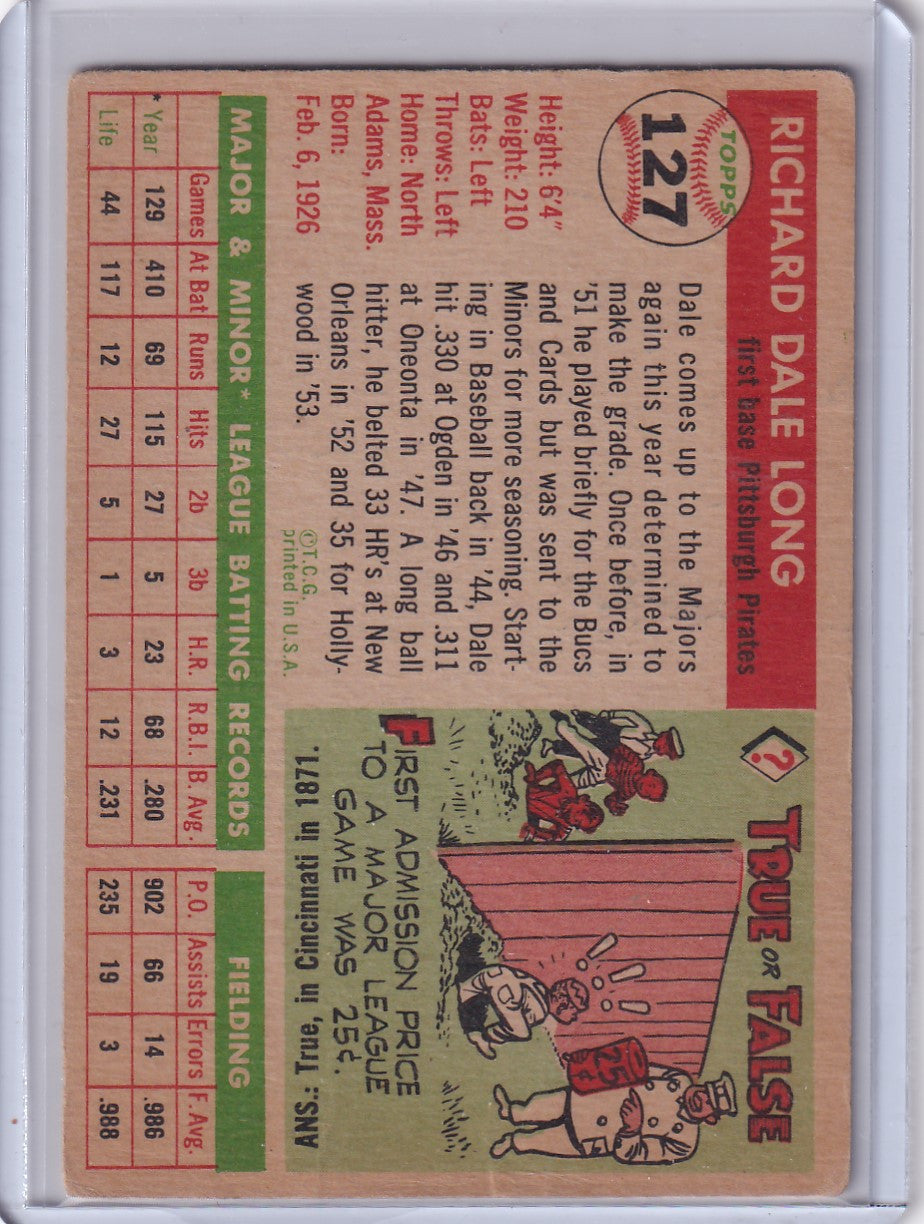 Vintage baseball card featuring Dale Long of the Pittsburgh Pirates on a pink background