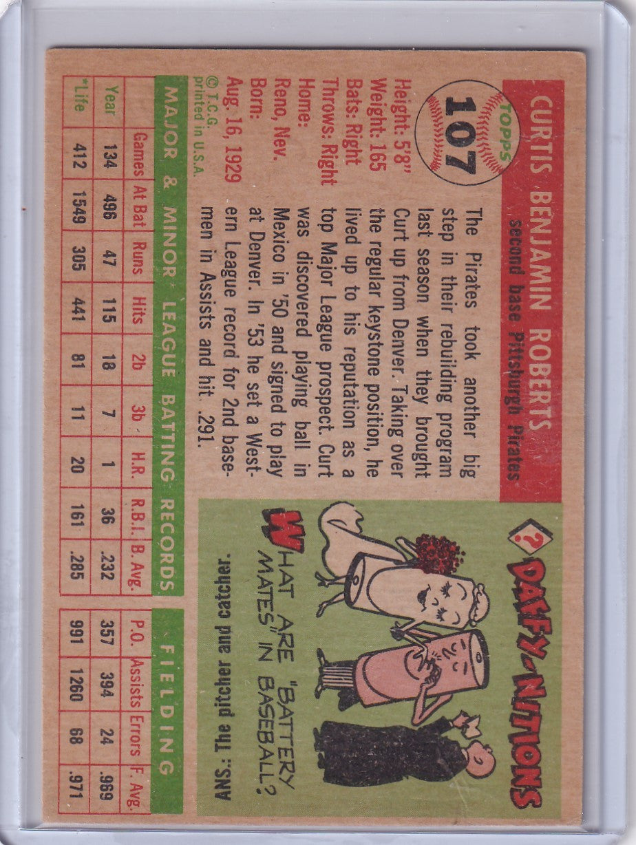 Vintage 1955 Topps Curt Roberts Pittsburgh Pirates card with cartoon characters and stats