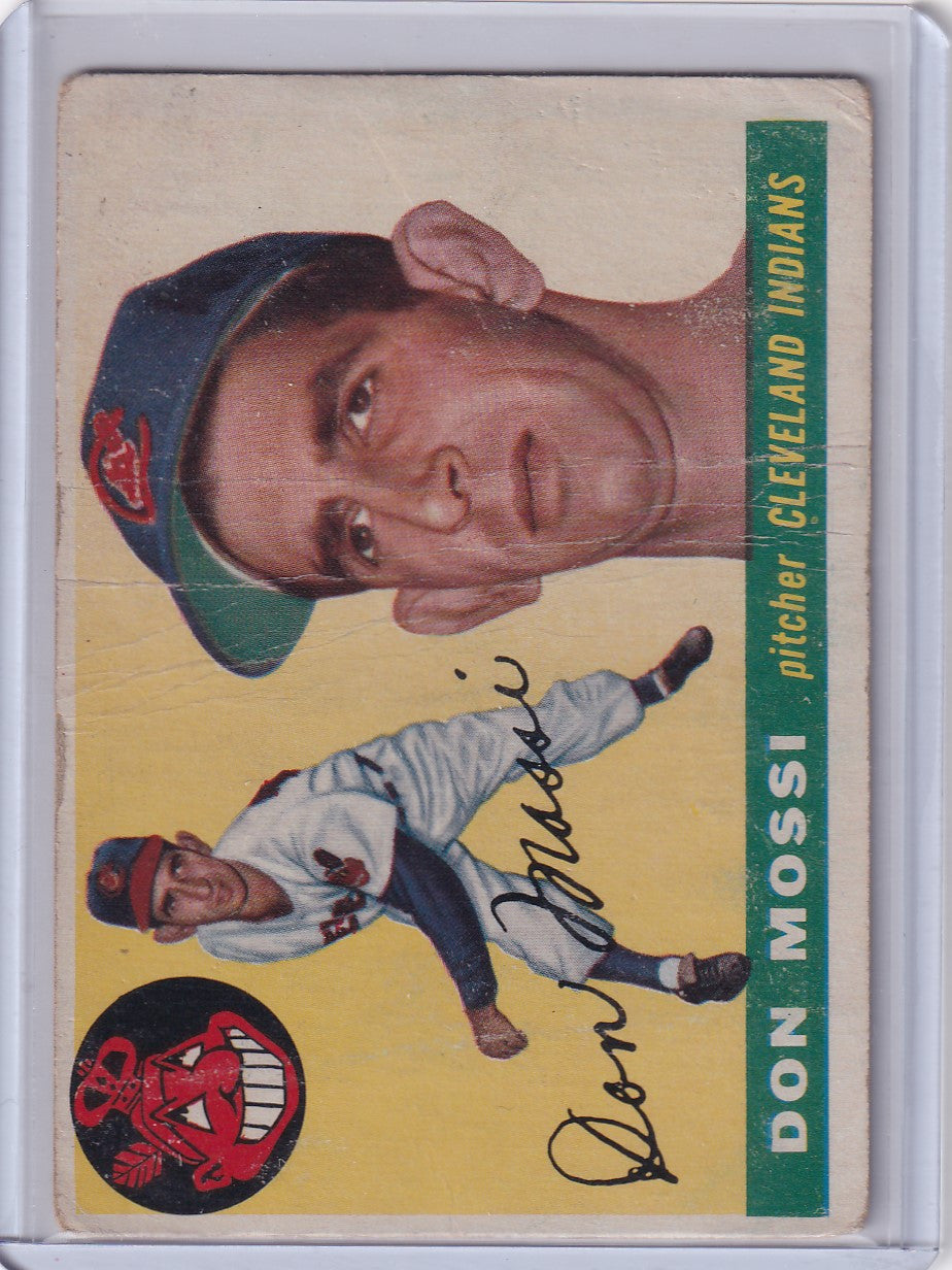 Vintage Cleveland Indians trading card of Don Mossi with green border portrait and action shot