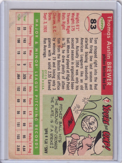 Vintage baseball card of Tom Brewer featuring Boston Red Sox stats and illustration