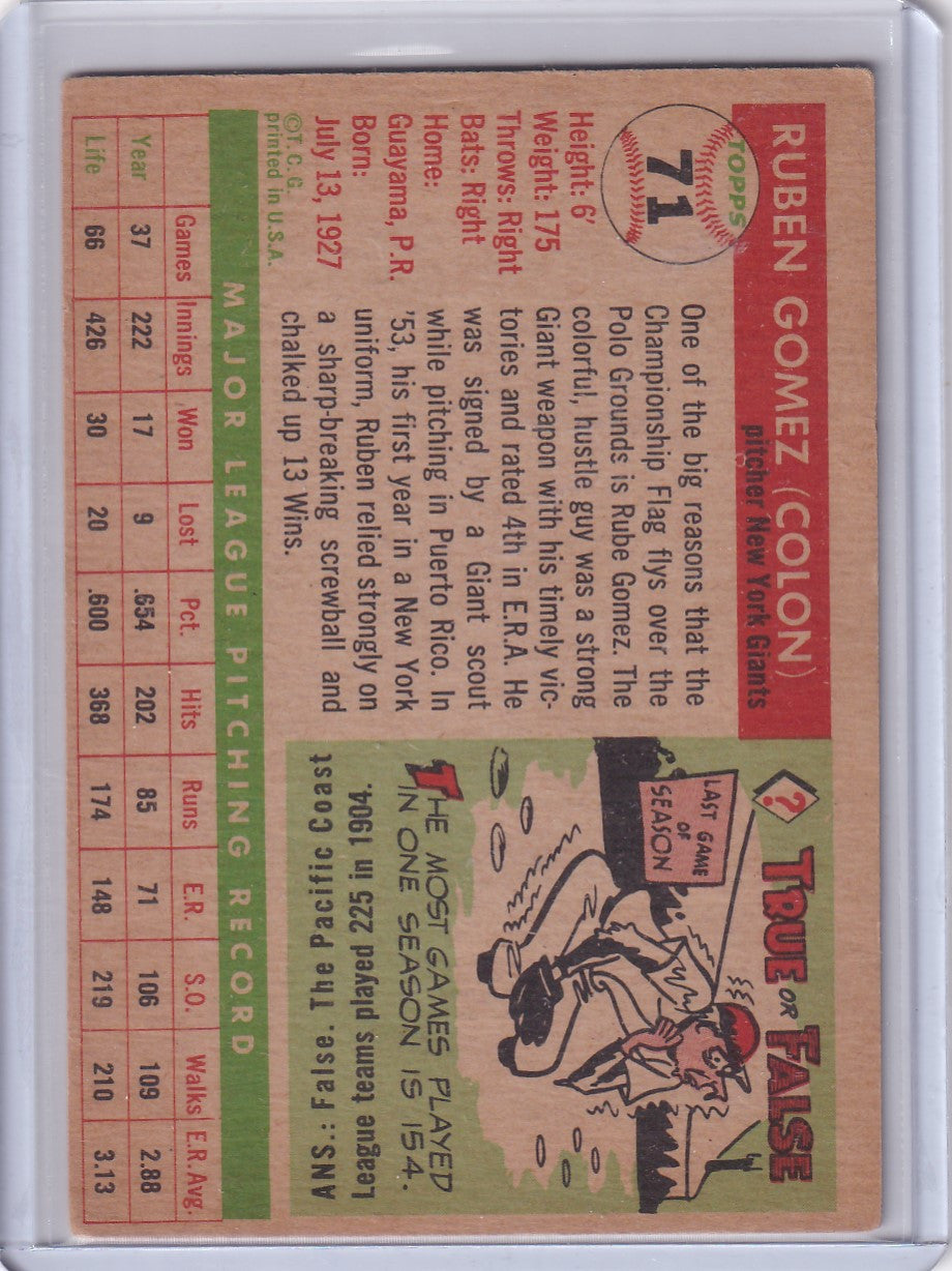 Vintage baseball card of Ruben Gomez featuring cartoon art on reddish-pink background