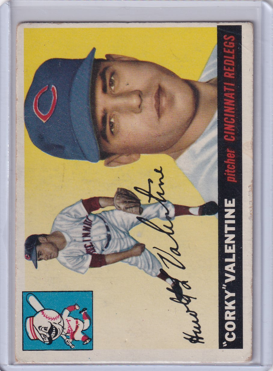 Vintage 1955 Topps Trading Card of Harold Valentine, Cincinnati Redlegs on yellow background