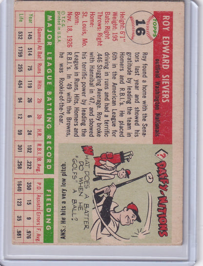 Vintage 1955 Topps Roy Sievers trading card with cartoon art for Washington Senators