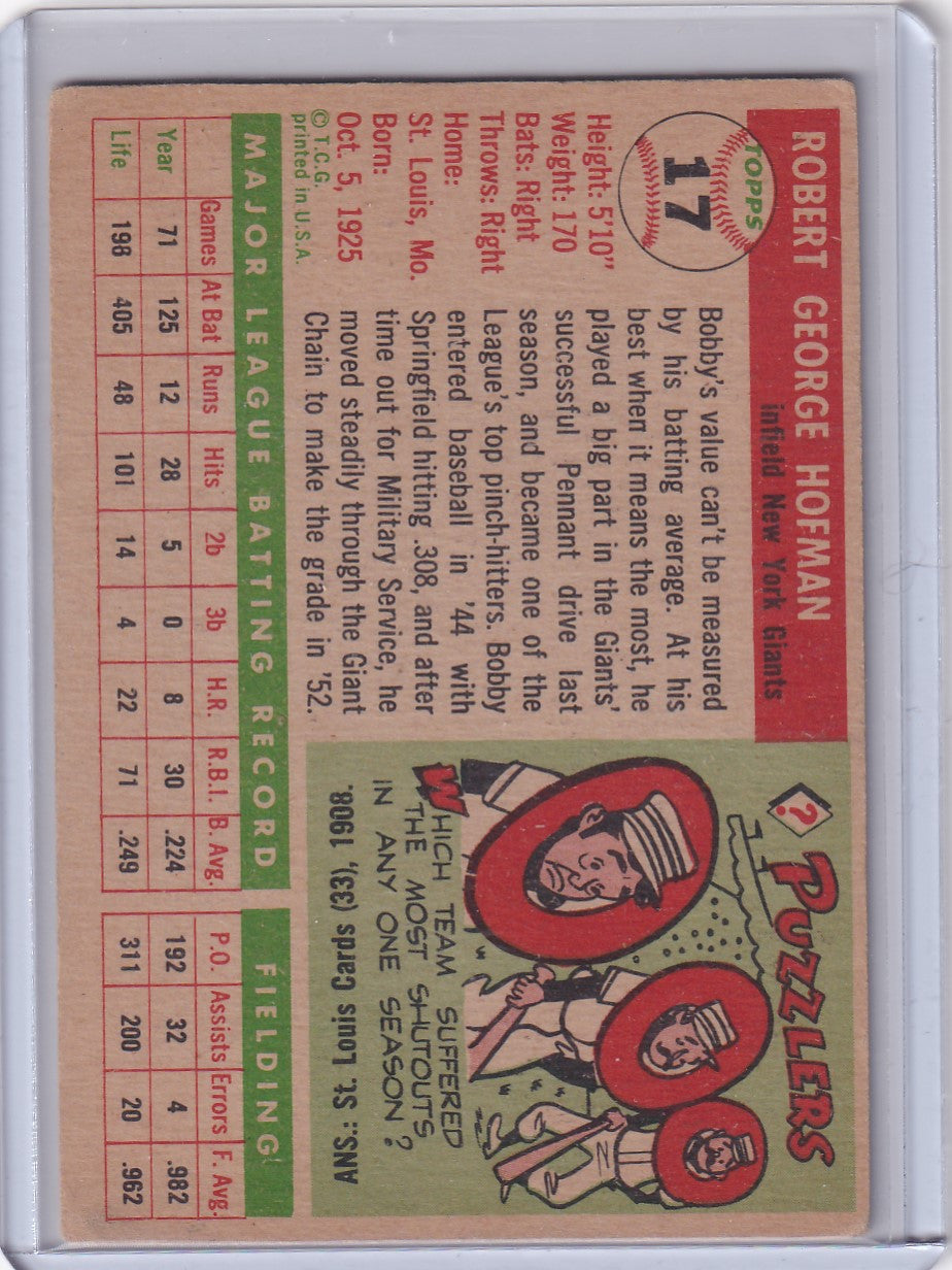 Vintage 1959 Topps Baseball Card #71 featuring Bobby Hofman New York Giants statistics