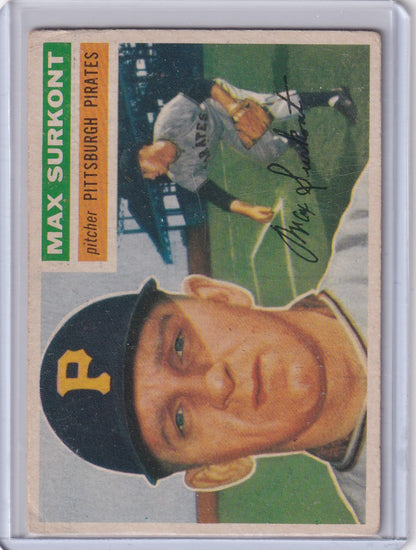 Vintage 1956 Topps Max Surkont Trading Card featuring Pittsburgh Pirates memorabilia