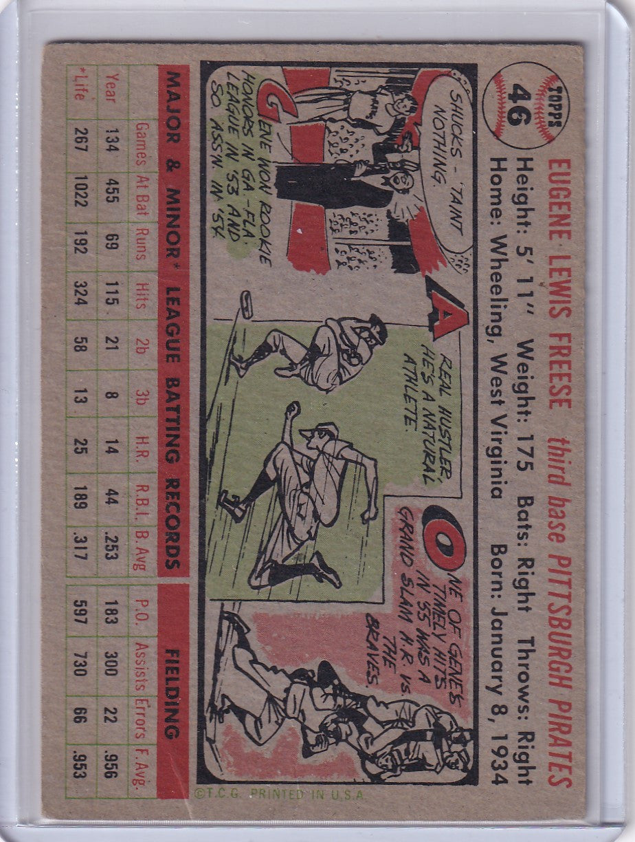 Vintage baseball card featuring Gene Freese of the Pittsburgh Pirates with cartoon art