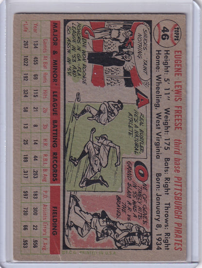 Vintage baseball card featuring Gene Freese of the Pittsburgh Pirates with cartoon art