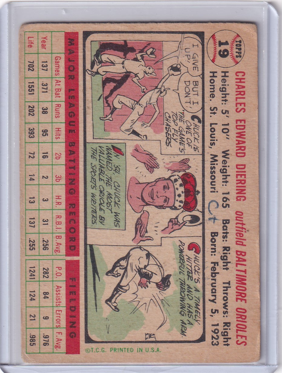 Vintage 1956 Topps Chuck Diering Baltimore Orioles card with comic-style illustrations