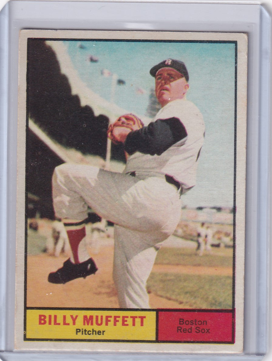 Vintage 1961 Topps Billy Muffett Boston Red Sox pitcher card in pitching stance