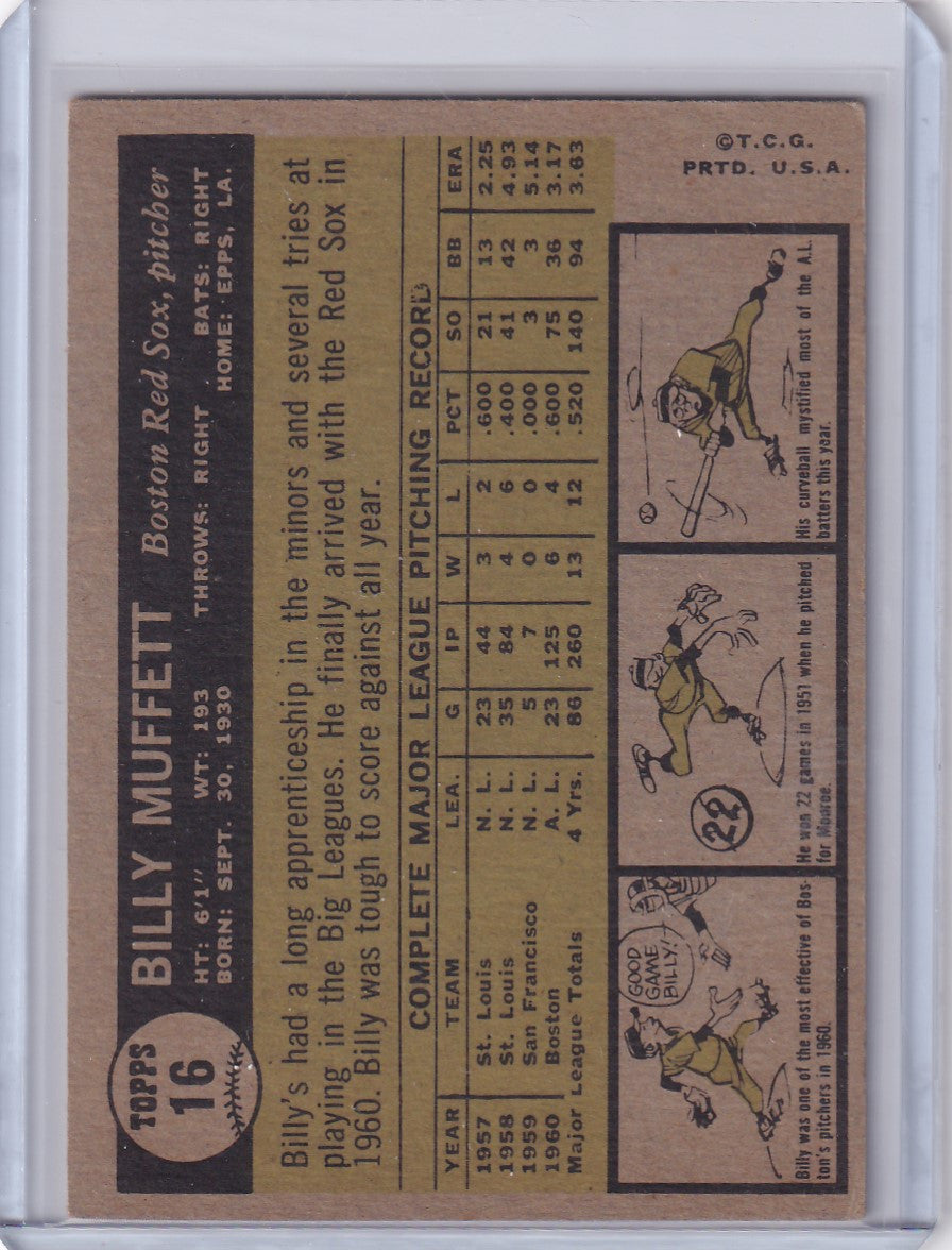 Vintage 1961 Topps Billy Muffett card featuring Boston Red Sox player stats and illustrations