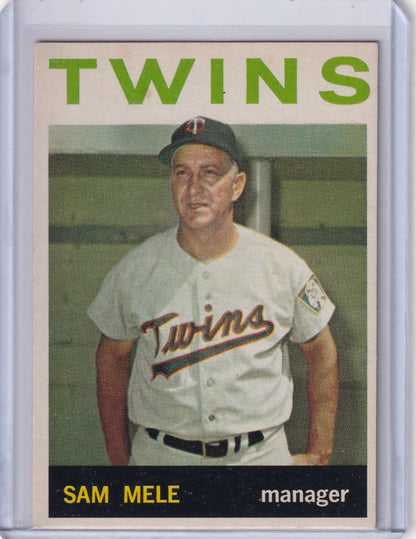 Vintage 1964 Topps Baseball card of Sam Mele, Minnesota Twins manager in white uniform