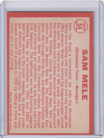 Red back of 1964 Topps Baseball card featuring Sam Mele from the Minnesota Twins